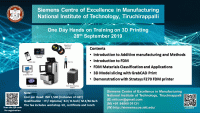 One Day Hands on Training on 3D Printing 2019 Workshop Poster